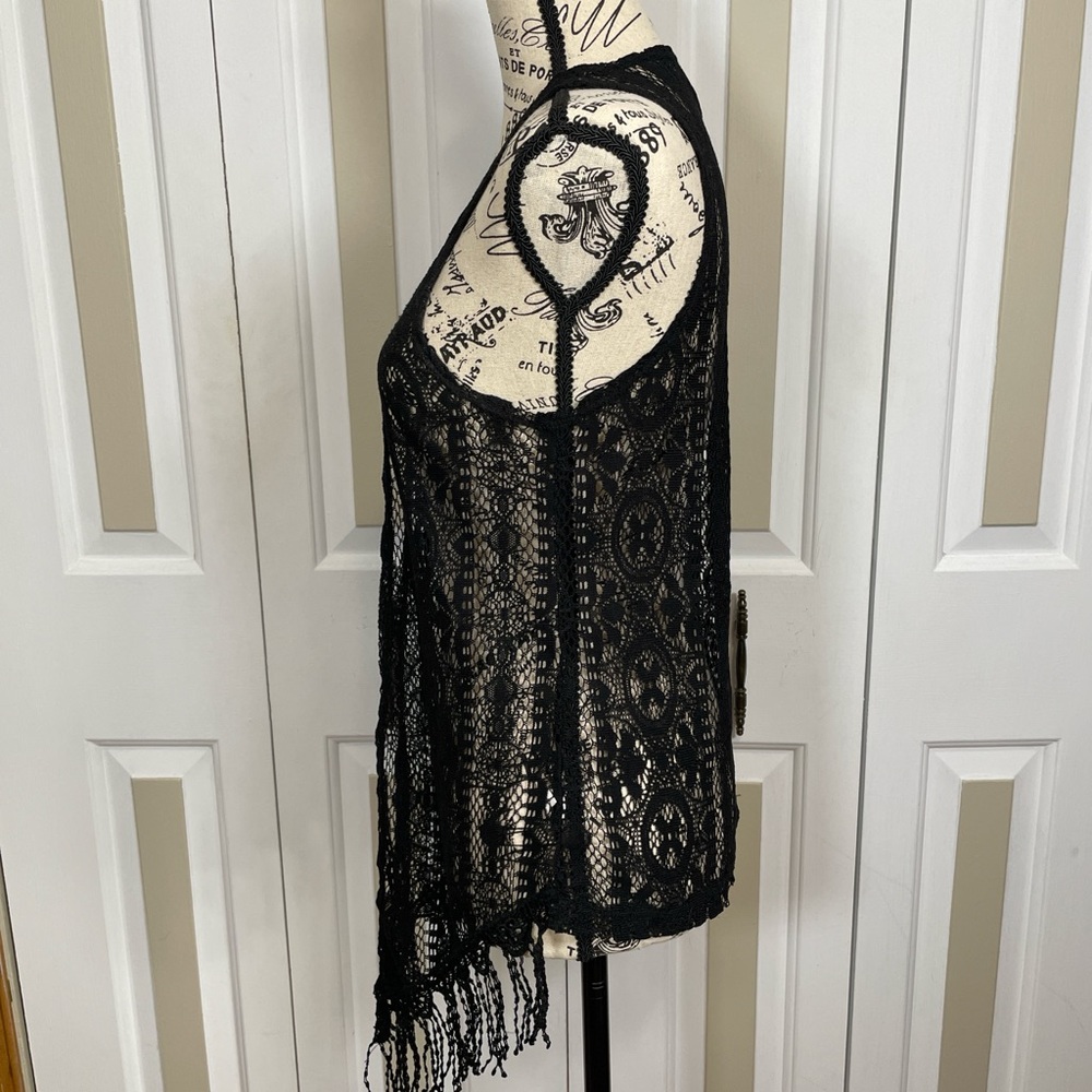 Boho Black Crochet Fringe Vest Open Front Sheer Festival Layering Piece Small - Picture 3 of 7